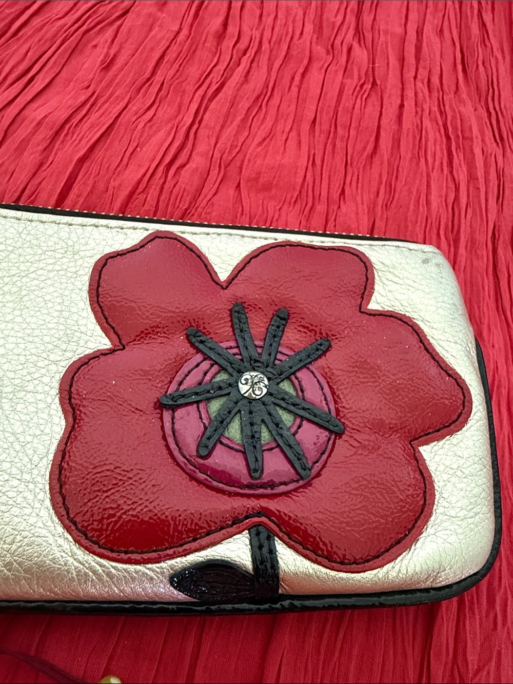 Brighton gold Wristlet with Red Flower Appliqué and Beaded Charm - Picture 2 of 10